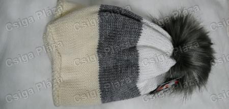 Csíkos (szürke, vaj, fehér sapka), 1 bojtos, szürke bojttal